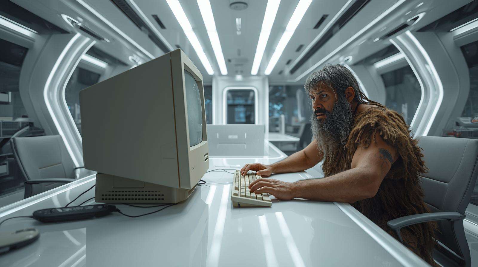 caveman using out dated computer