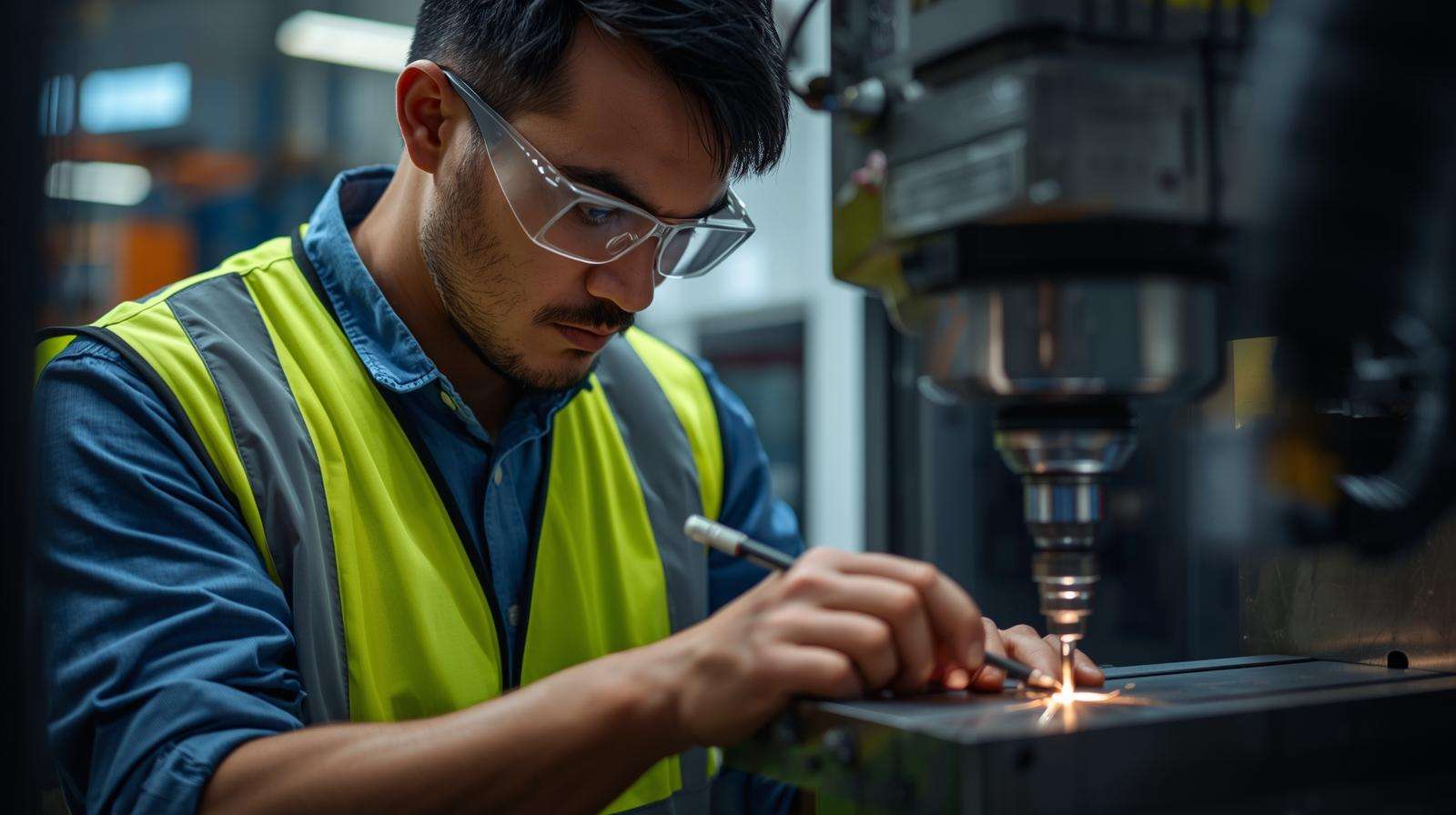 create an image of a warehouse worker in his high visibility vest and and safety glasses sharpening a pencil in a CNC machine
